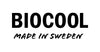 Sort logo for BioCool med teksten Made in Sweden i en håndskrevet stil på hvid baggrund.