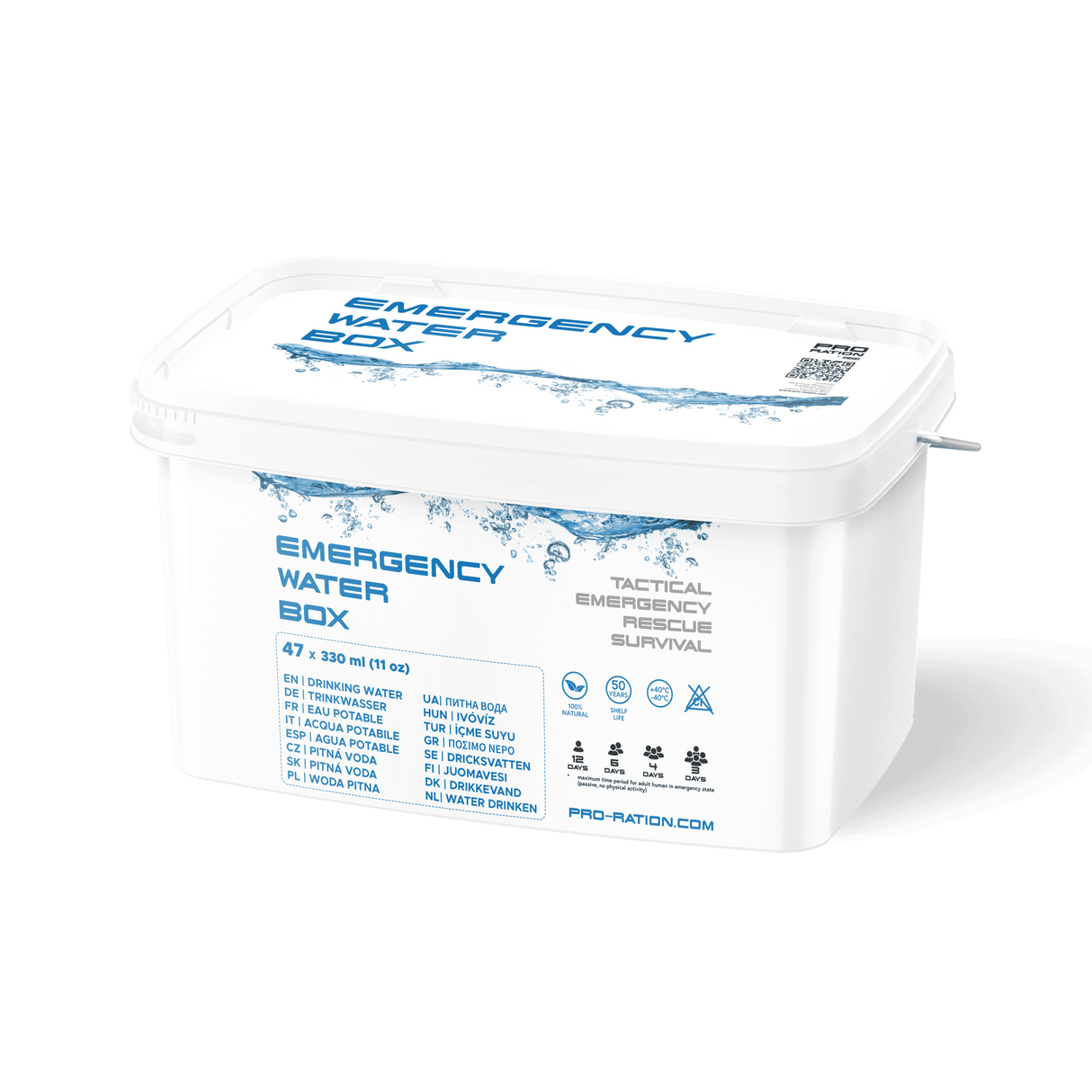 Pro Ration - Emergency Water Box, 47 x 330 ml (15,5 L), 50 års holdbarhed fra Pro Ration - billede nr. 1 hos GrejFreak.dk