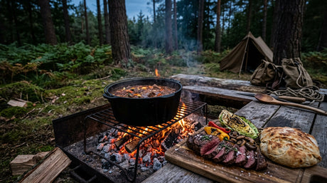 Bålgryde over bål med tilberedt korndyr bøf, spidskål, og brød