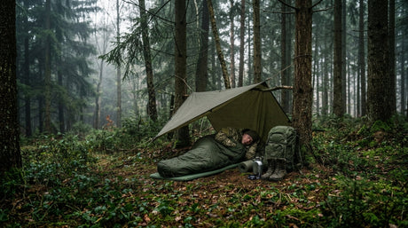 Soldat hviler i skoven 