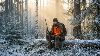 Jæger sidder i snebeklædt skov 