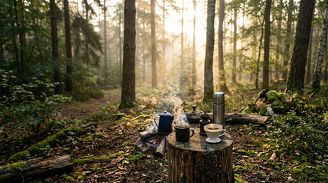 Kaffegrej i skoven ved et bål