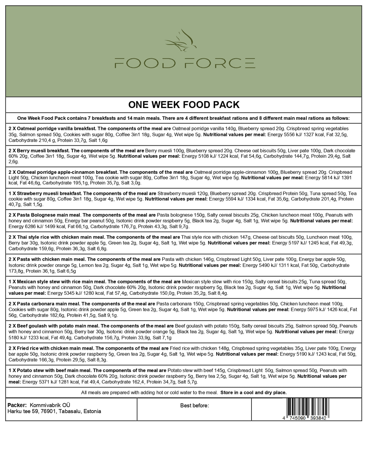Food Force - One Week Food Pack 21 Måltider (25.200 Kcal) fra Food Force - billede nr. 2 hos GrejFreak.dk