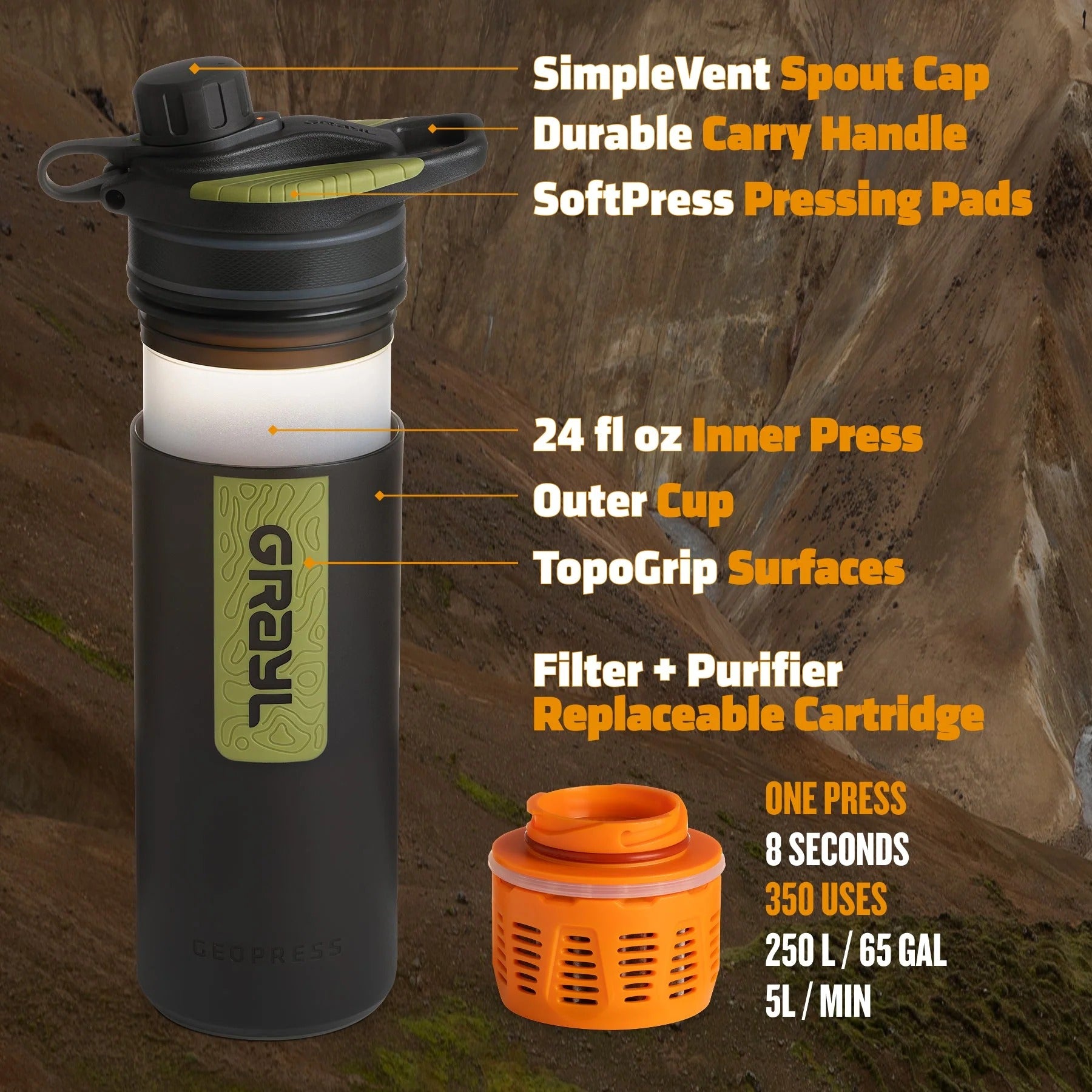 Grayl - Geopress Flaske Med Vandrensefilter 710ml // Sort Camo fra Grayl - billede nr. 6 hos GrejFreak.dk